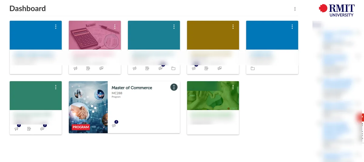 RMIT Canvas dashboard with a Master of Commerce program and its unit tiles, unit names blurred