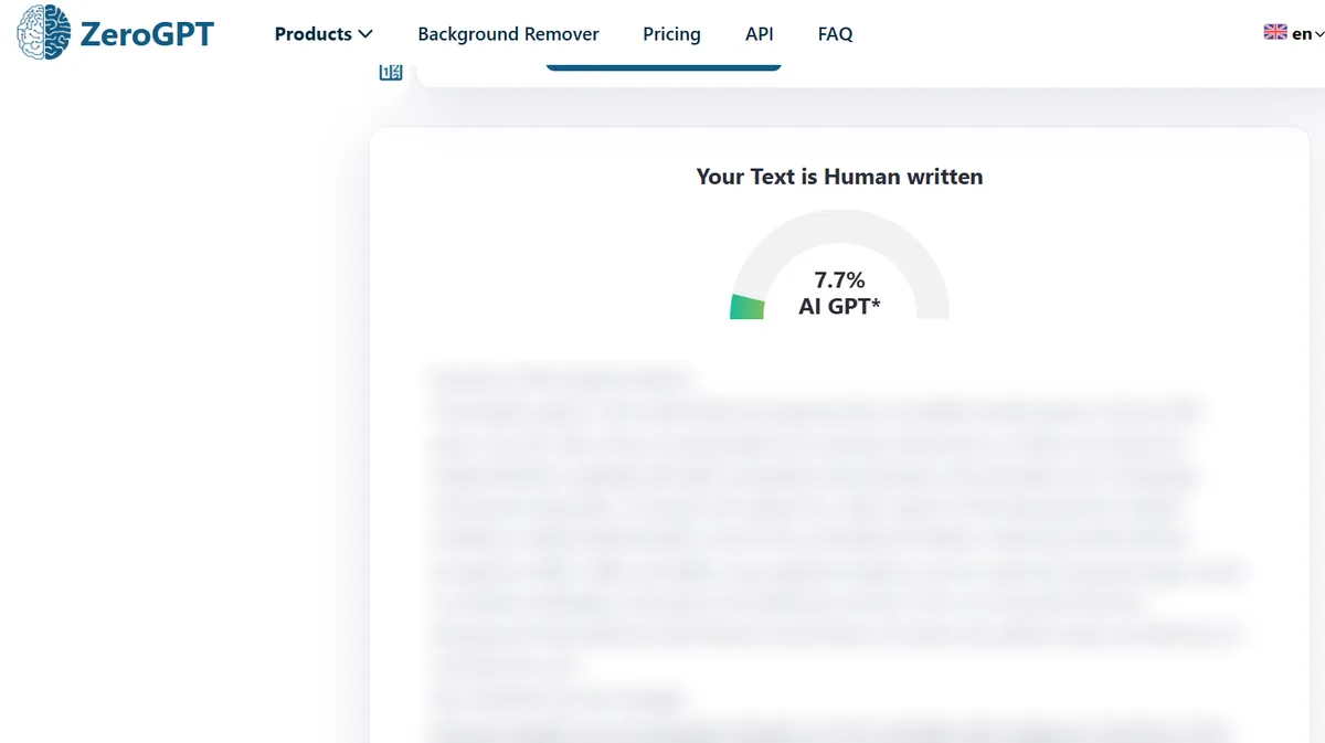 ZeroGPT check rating a paper human written at 7.7 percent AI, paper text blurred